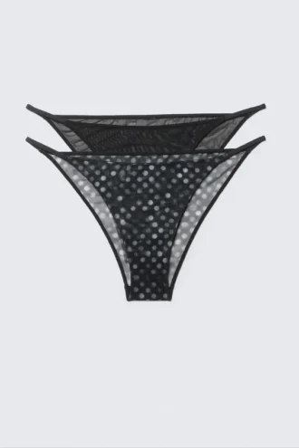 2er-Pack bedruckte Tanga-Höschen im brasilianischen Stil aus Mesh – Schwarz – Punkte
