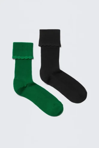 2er-Pack Crew-Socken mit gewelltem Rand – Schwarz & Grün