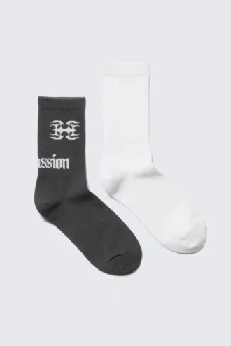 2er-Pack gerippte Socken mit Print – Uni-Weiß & Grau mit Print