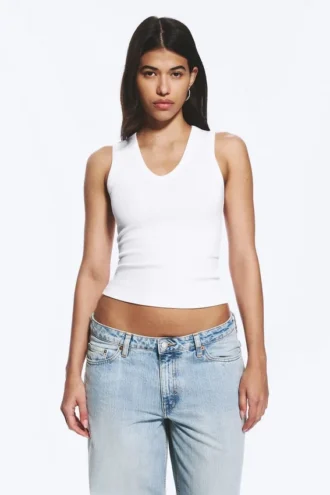 2er-Pack geripptes Tanktop mit V-Ausschnitt – Weiß