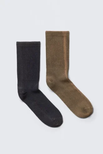 2er-Pack gewaschene Crew-Socken – Dunkelblau & Beige