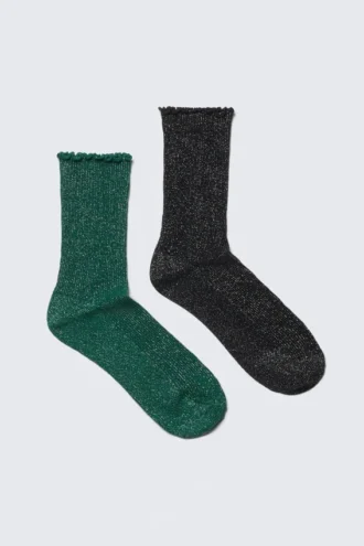 2er-Pack Glitzer-Socken mit Rüschenrand – Grün & Schwarz – Glitzer