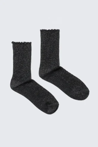 2er-Pack Glitzer-Socken mit Rüschenrand – Schwarz