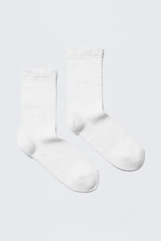 2er-Pack Pointelle-Baumwoll-Crew-Socken – Weiß