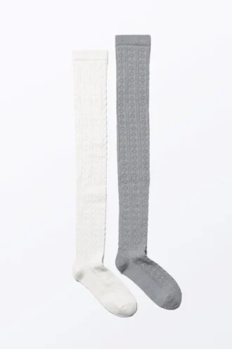 2er-Pack Pointelle-Kniestrümpfe – Grau & Weiß