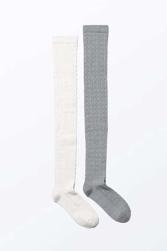 2er-Pack Pointelle-Kniestrümpfe – Grau & Weiß 2er-Pack Pointelle-Kniestrümpfe – Grau & Weiß