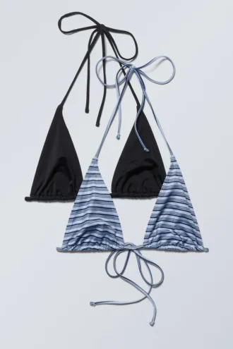 2er-Pack Triangel-Bikini-Oberteile mit Trägern – Schwarz-blau gestreift