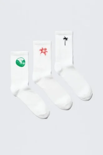 3er-Pack bestickte Crew-Socken – Weiß – Bestickte Mischung
