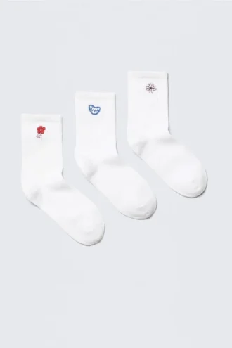 3er-Pack bestickte Crew-Socken – Weiß – Bestickte Mischung