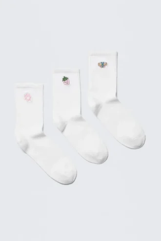3er-Pack bestickte Crew-Socken – Weiß – Bestickte Mischung