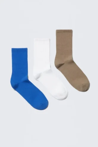 3er-Pack einfarbige Crew-Socken – Blau/Weiß/Beige