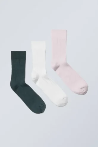 3er-Pack gerippte Crew-Socken – Blau, Weiß, Rosa