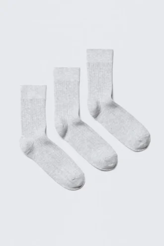 3er-Pack gerippte Crew-Socken – Grau meliert