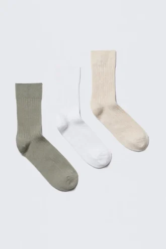 3er-Pack gerippte Crew-Socken – Grün/Weiß/Beige