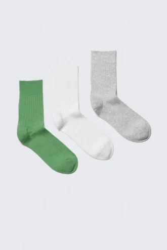 3er-Pack gerippte Crew-Socken – Grün/Weiß/Grau