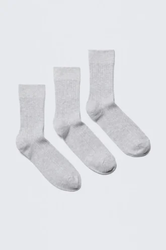 3er-Pack gerippte Crew-Socken – Hellgrau