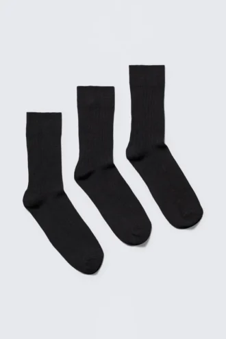 3er-Pack gerippte Crew-Socken – Schwarz