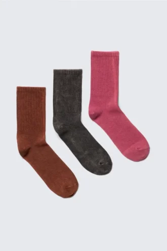 3er-Pack gerippte, gewaschene Crew-Socken – Rostrot/Schwarz/Rosa