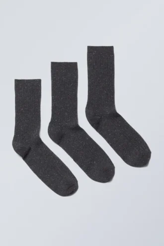 3er-Pack gerippte Neps-Socken – gewaschen, schwarz