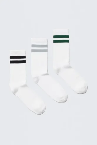 3er-Pack gestreifte Crew-Socken – Weiß mit bunten Streifen