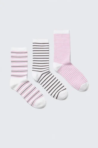 3er-Pack gestreifte Crew-Socken – Weiß – Schwarz- und Rosastreifen 3er-Pack gestreifte Crew-Socken – Weiß – Schwarz- und Rosastreifen