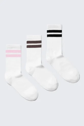 3er-Pack gestreifte Crew-Socken – Weiß – Schwarze Streifen