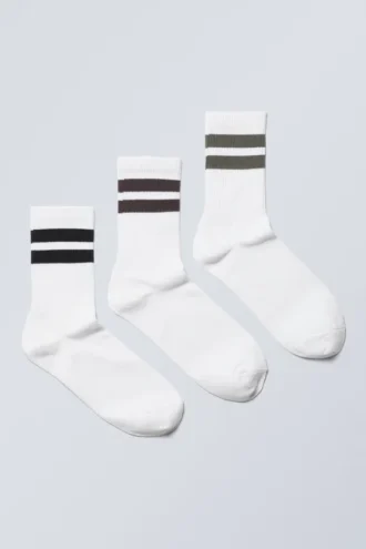 3er-Pack gestreifte Sportsocken – Weiß – Schwarz/Braun/Grün