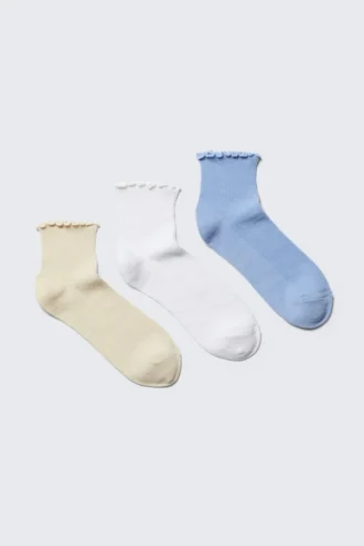 3er-Pack kurze Socken mit Rüschenrand – Hellgelb/Weiß/Hellblau