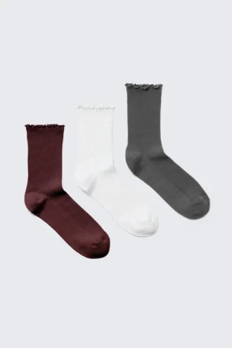 3er-Pack Socken mit Rüschenrand – Dunkelrot/Weiß/Grau