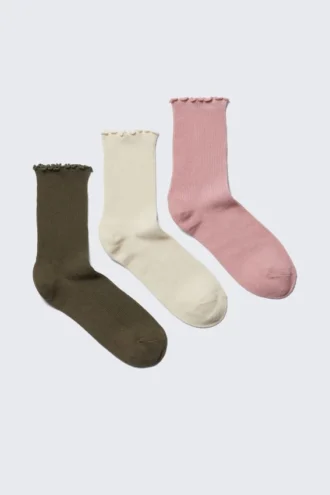 3er-Pack Socken mit Rüschenrand – Khaki/Cremefarben/Altrosa