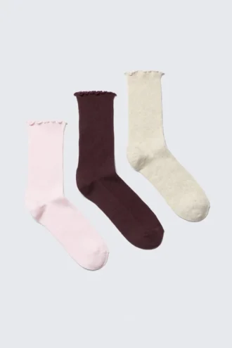 3er-Pack Socken mit Rüschenrand – Rosa/Burgunderrot/Beige