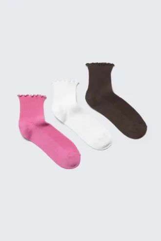 3er-Pack Socken mit Rüschenrand – Rosa/Weiß/Braun 3er-Pack Socken mit Rüschenrand – Rosa/Weiß/Braun