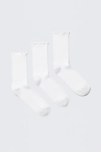 3er-Pack Socken mit Rüschenrand – Weiß
