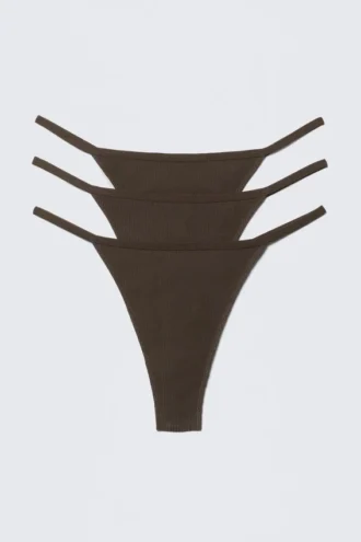 3er-Pack Stella-Tangas aus geripptem Baumwolljersey – Dunkelbraun