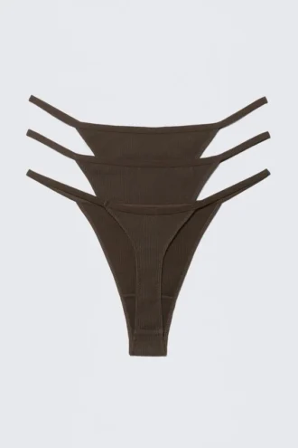 3er-Pack Stella-Tangas aus geripptem Baumwolljersey – Dunkelbraun