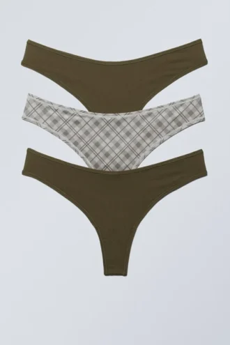 3er-Pack weiche Tangas – Dunkelkhaki/Kariert
