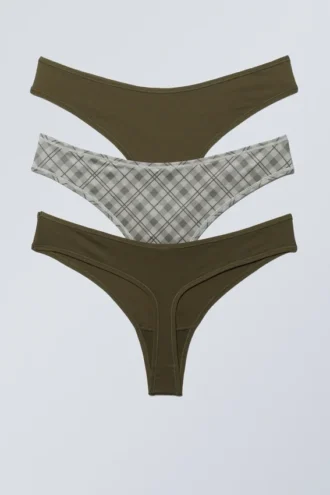 3er-Pack weiche Tangas – Dunkelkhaki/Kariert