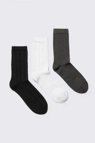 3er-Pack Zopfmuster-Socken – Schwarz/Weiß/Grau