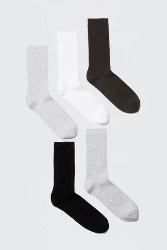 5er-Pack Rippensocken – Schwarz, Weiß & Grau