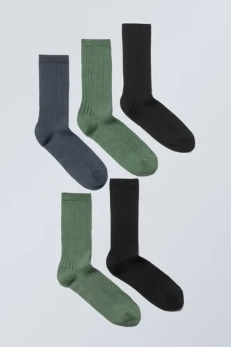 5er-Pack Rippensocken – Staubgrün, Staubblau, Schwarz