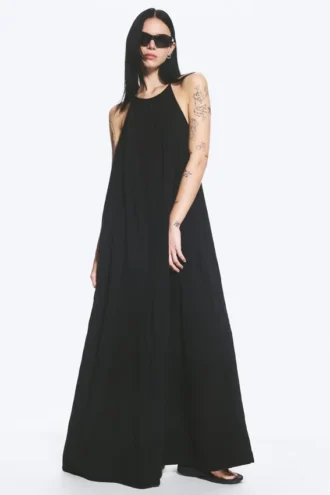 A-Linien-Kleid mit Wasserfallausschnitt – Schwarz