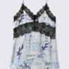 A-Linien-Mini-Slipkleid mit Spitzenbesatz – Weißes Zeitungspapier/Blaue Flamme
