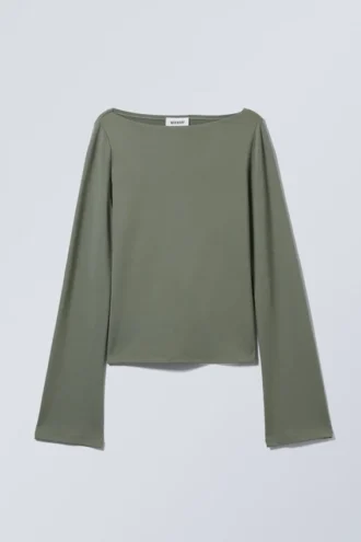 Annie Langarmshirt mit U-Boot-Ausschnitt – Staubiges Khaki-Grün