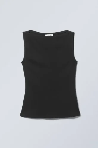 Annie Rib Top mit U-Boot-Ausschnitt – Schwarz