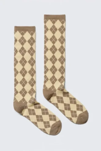 Argyle-Kniestrümpfe – Dusty Ecru & Mole Argyle