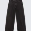Astro Mid Rise Baggy Faux Leather Pocket Jeans – Black Rinse – Schwarz