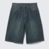 Astro Mid Rise Loose Baggy Denim Shorts – Seeblau – Mittelblau