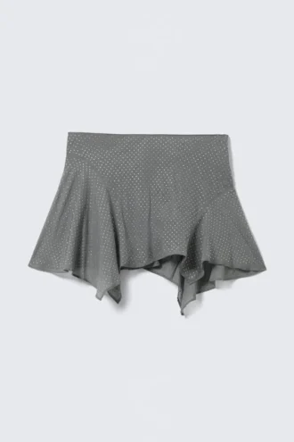 Asymmetrischer Minirock mit Pailletten – Grau – Strass