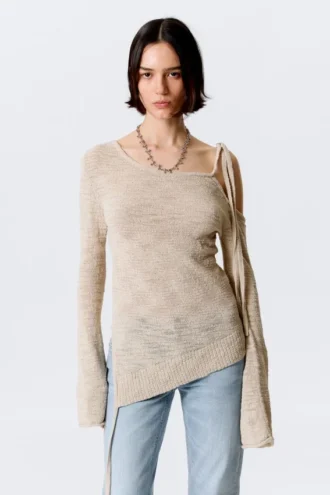 Asymmetrischer Strickpullover mit Bindeband an der Schulter – Hellbraun