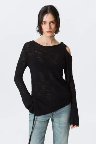 Asymmetrischer Strickpullover mit gebundenen Schultern – Schwarz